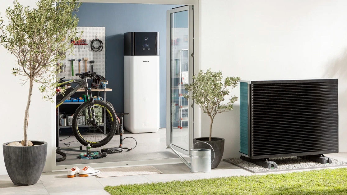 Heat pump tank in a storage room, providing powerful heating and hot water