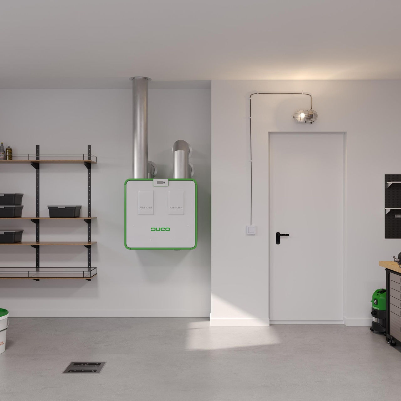 Daikin's new DucoBox Energy Comfort Plus mounted to the wall of a garage.