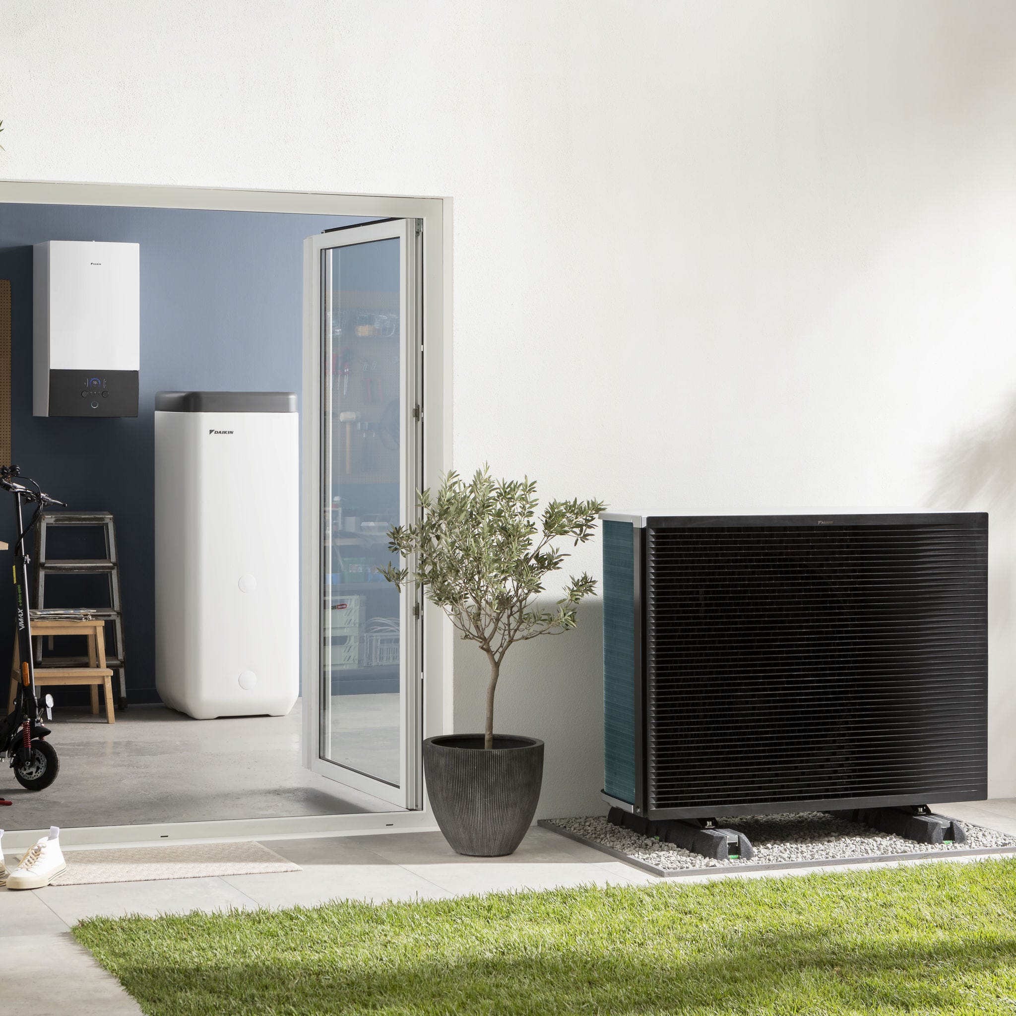 Heat pump outdoor unit in garden