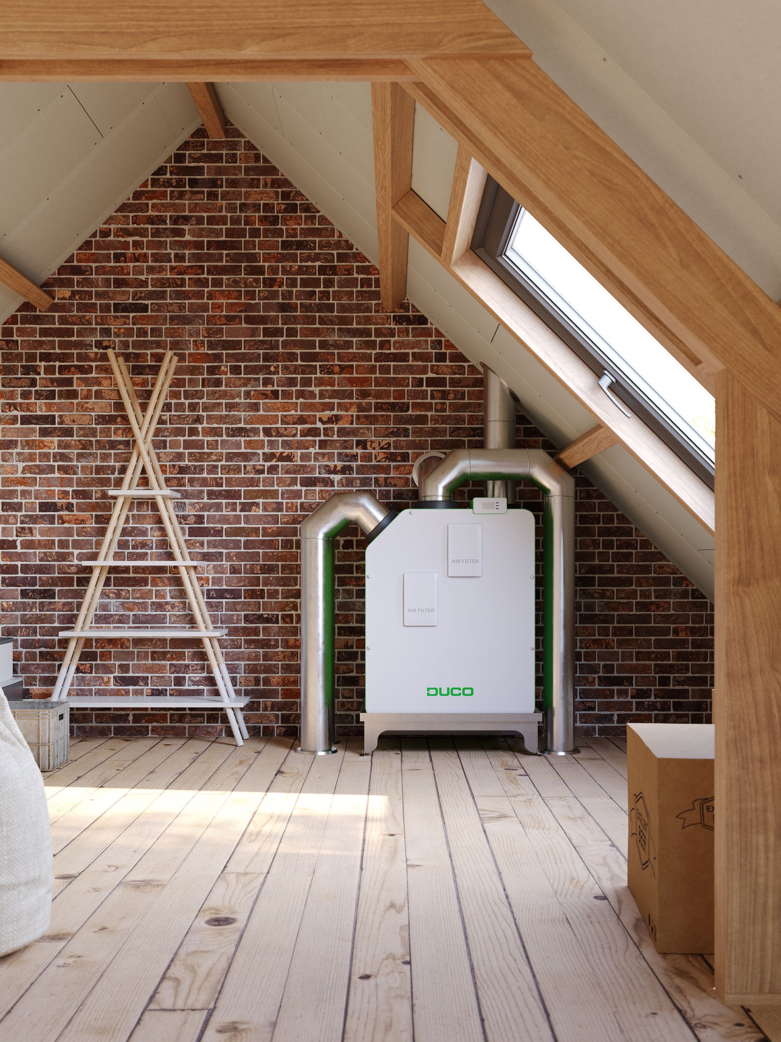 A DucoBox Energy Premium ventilation system installed in an attic bedroom, showing a ventilation solution for improving indoor air quality and reducing mould risks.