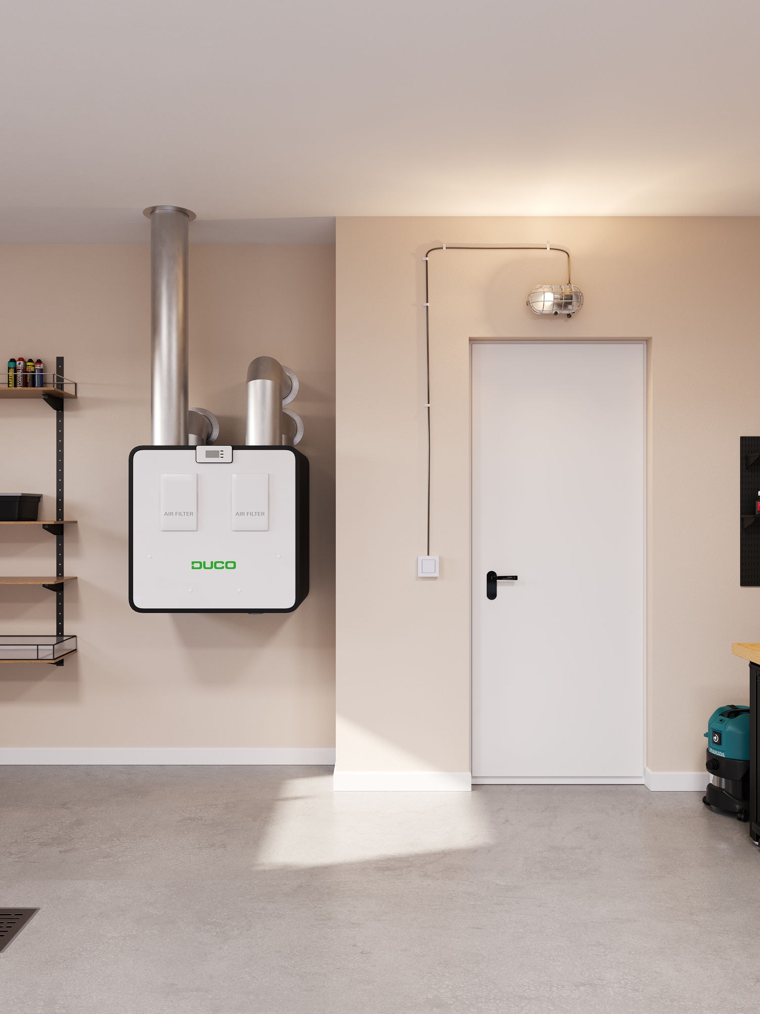 A DucoBox Energy Premium ventilation system installed in a living space, demonstrating home ventilation as a solution to improve air circulation and reduce humidity.