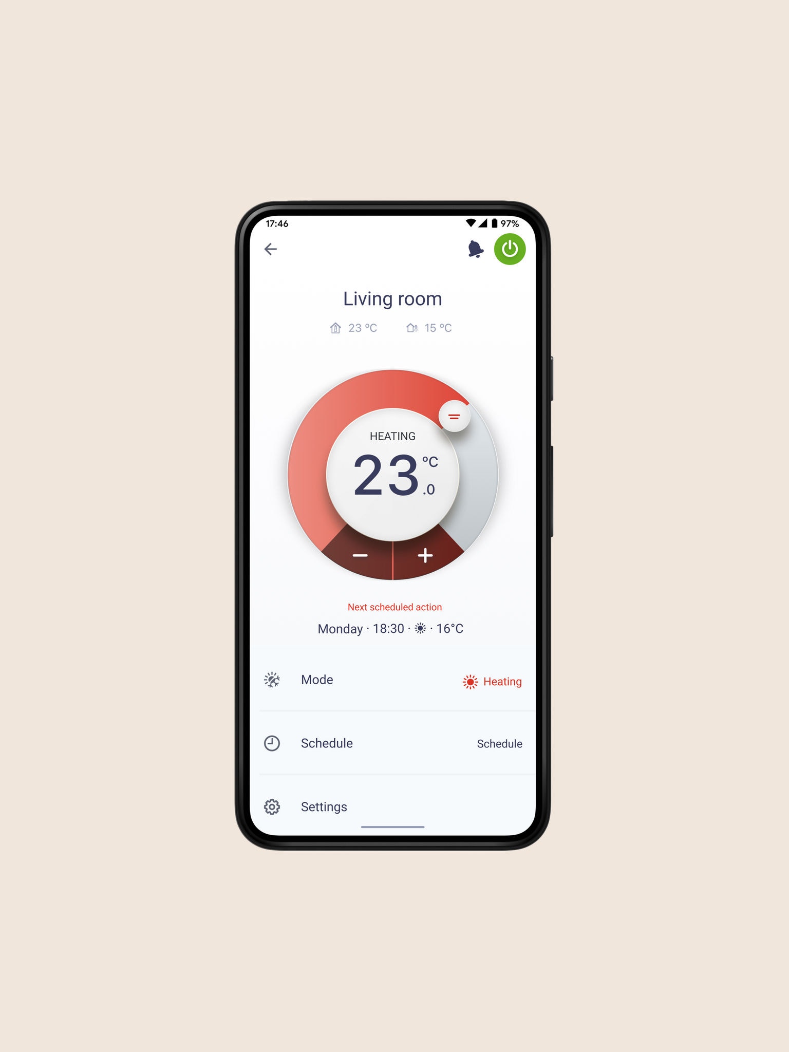 Front view of a smartphone with the Daikin Onecta app open