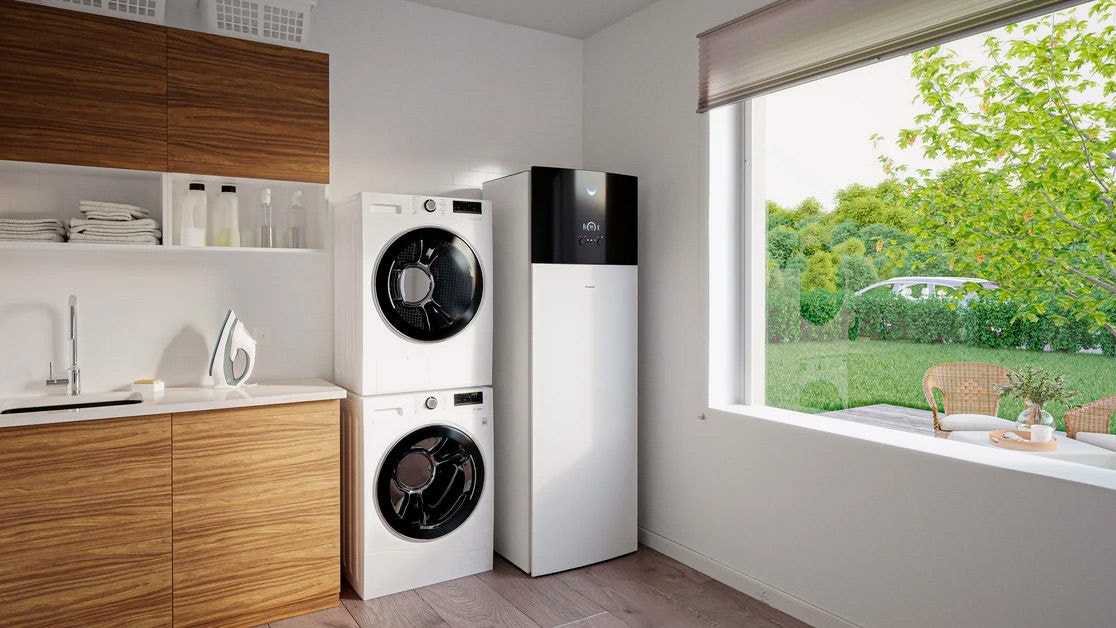 Heat pump tank installed in a laundry room