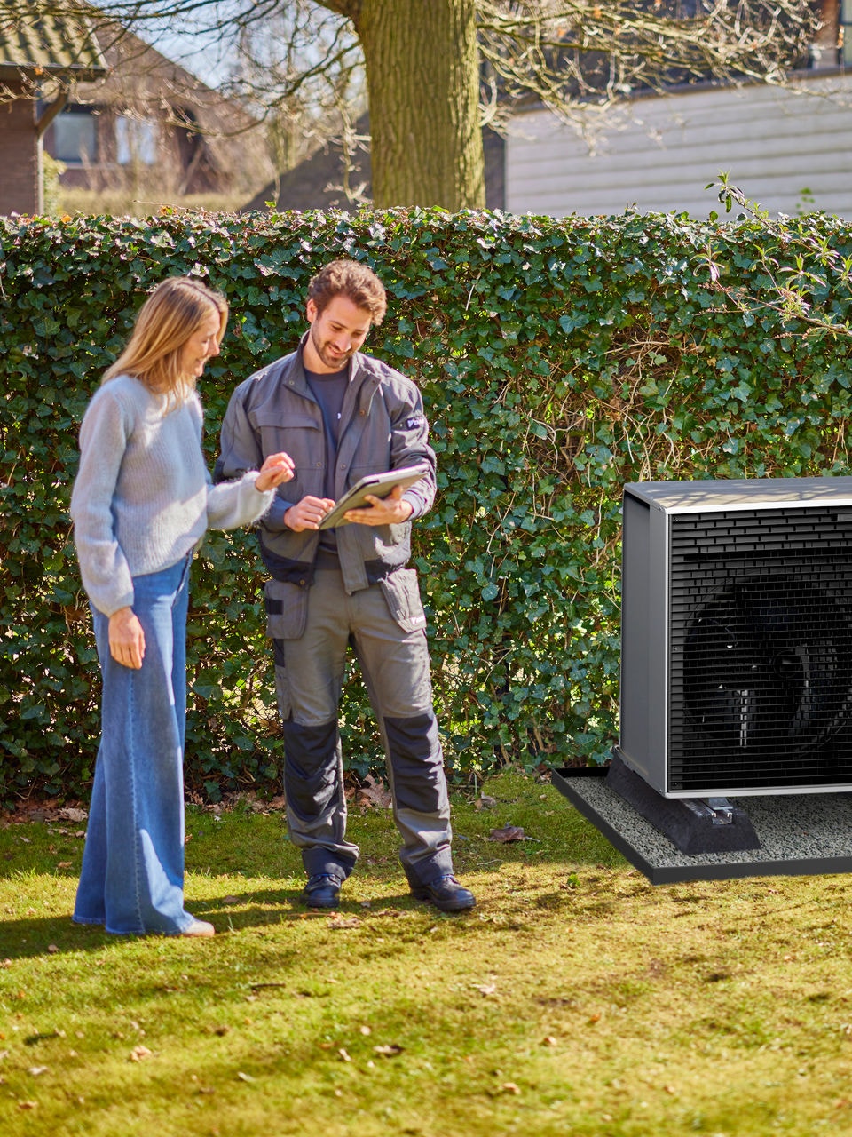 Installer explaining heat pump controls to a homeowner after installation in the garden