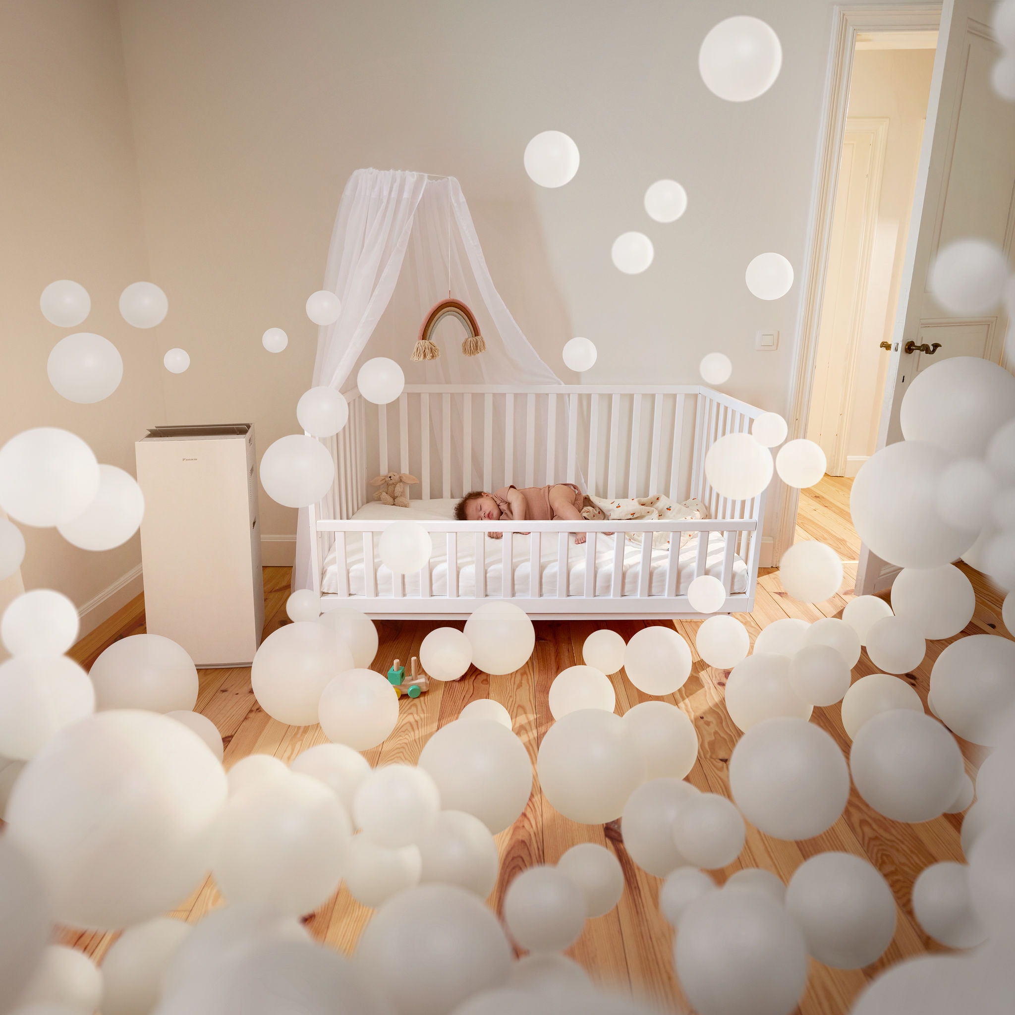 Baby sleeping peacefully in a nursery with an air purifier, enjoying clean air and healthy indoor air quality